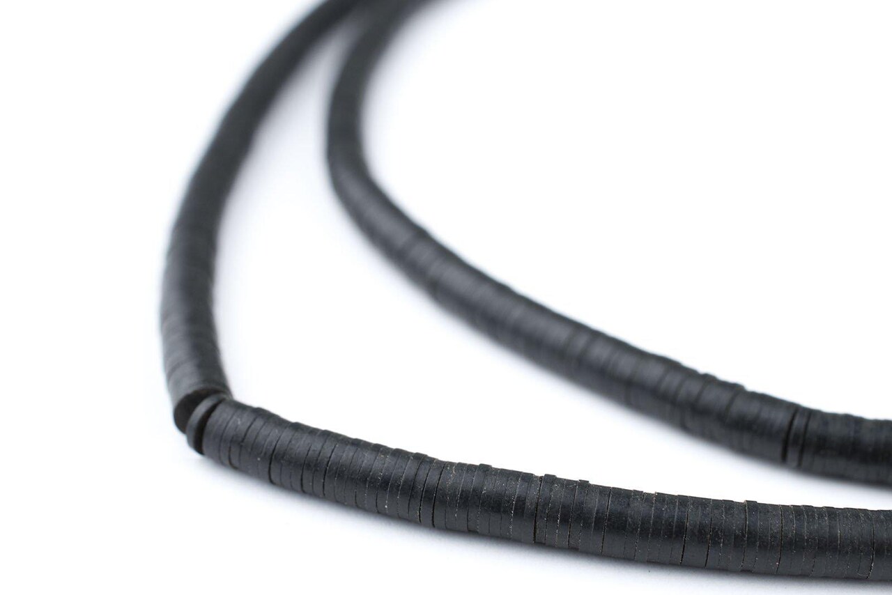 The Bead Chest Old Black Phono Record Vintage Vinyl Beads 4mm Ghana African Heishi 27-30 Inch Strand Handmade